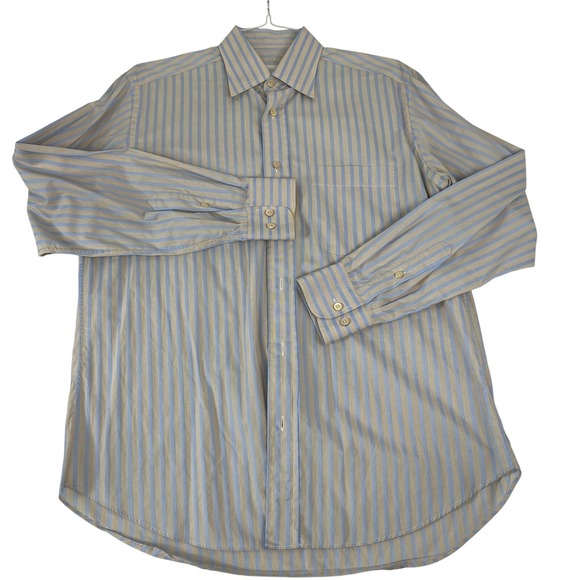 Brioni Shirt Mens 16 Blue Tan Stripe Dress Long Sleeve 100% Cotton Spread Collar - Picture 3 of 16